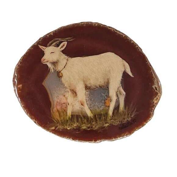 Vintage Celesta Signed Agate Slice With Goat Oil Painting - Picture 1 of 8